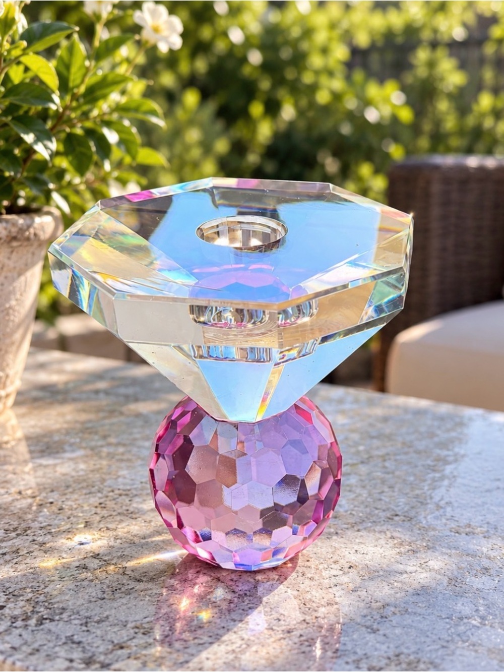 Faceted Crystal Candle Holder Pink Gem Base Prism Cut Elegant Home Décor